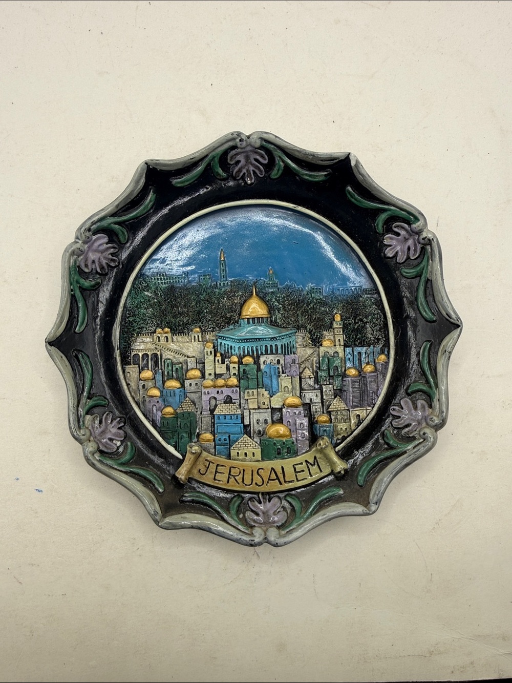Vtg Jerusalem Israel Hand Painted Wall Plaque 3D Relief Dome of Rock Souvenier